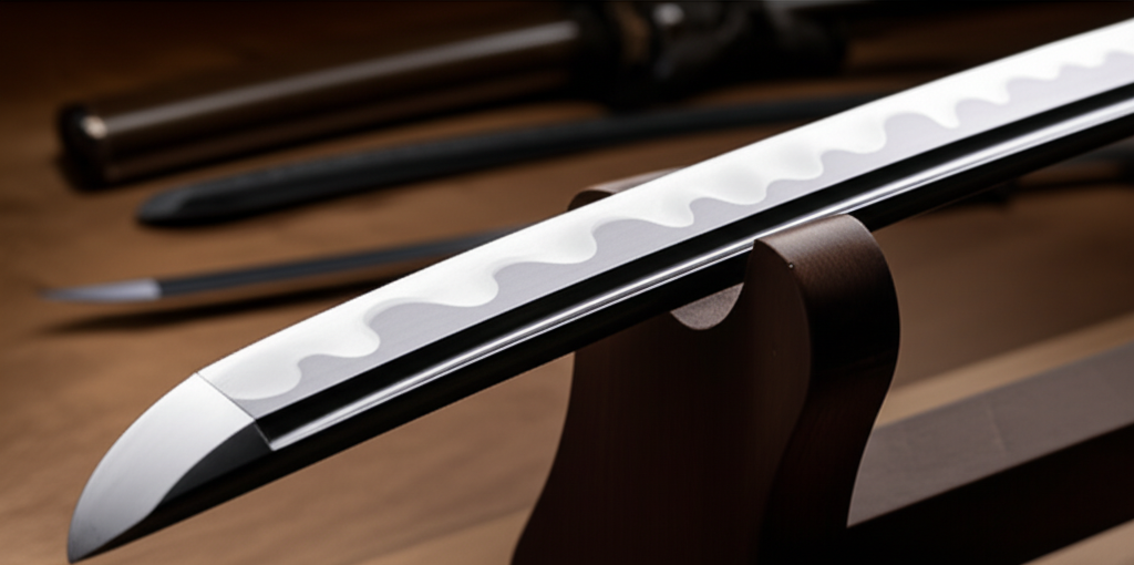 Masterfully crafted legendary katana blade with a prominent hamon line in a traditional Japanese swordsmith's workshop