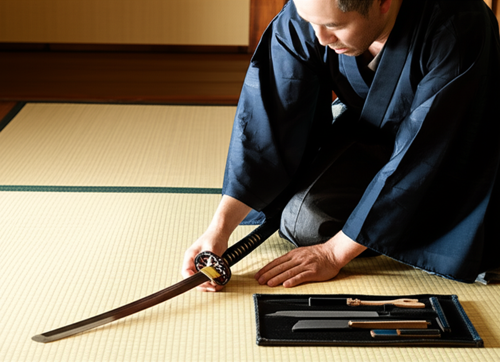 A wise Japanese samurai kneels on a tatami mat, cleaning his katana with traditional maintenance tools