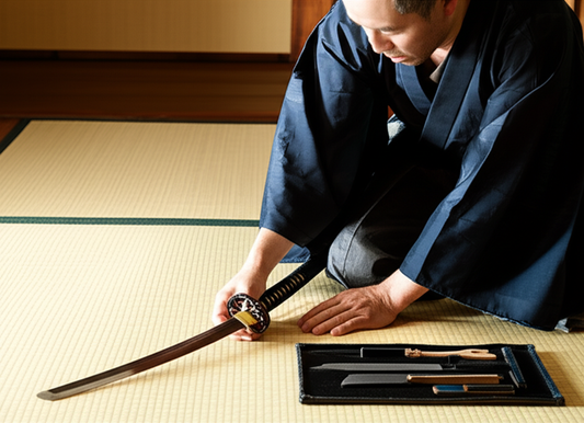 A wise Japanese samurai kneels on a tatami mat, cleaning his katana with traditional maintenance tools