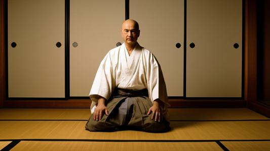 Stoic Japanese samurai in a white kimono preparing for Seppuku in a traditional tatami room