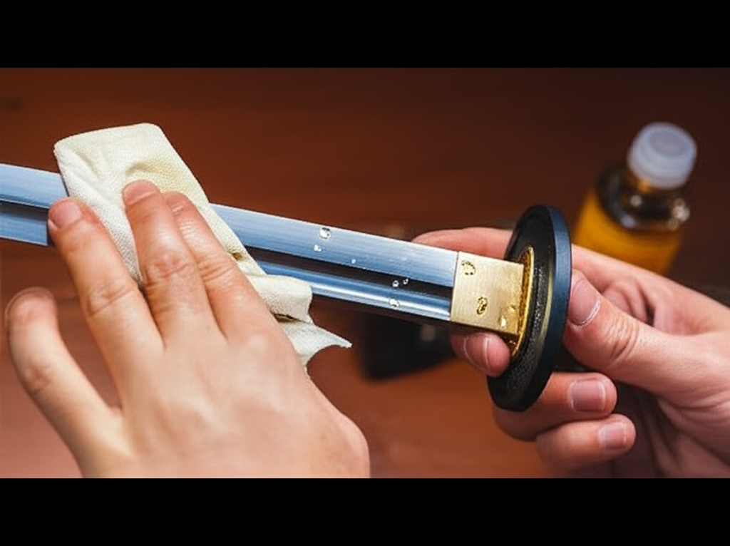 Close-up of a skilled artisan's hands meticulously performing traditional katana maintenance, wiping a glistening Japanese sword blade with rice paper and choji oil