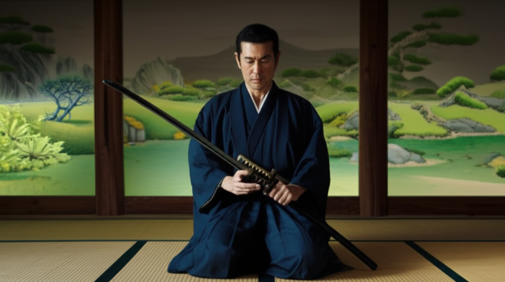 A dignified middle-aged Japanese samurai in a dark indigo kimono kneels holding a magnificent katana in a serene traditional interior