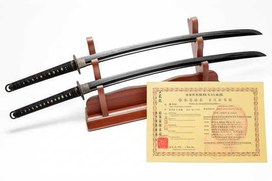 Authentic Japanese katana with tamahagane steel blade and intricate hamon displayed on a wooden stand with official registration documents