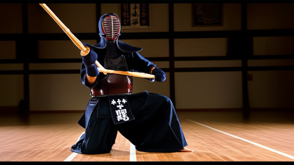 A focused Kendo practitioner in full Bogu and traditional Kendo-gi holds a shinai, poised for a strike in a dramatically lit Japanese dojo