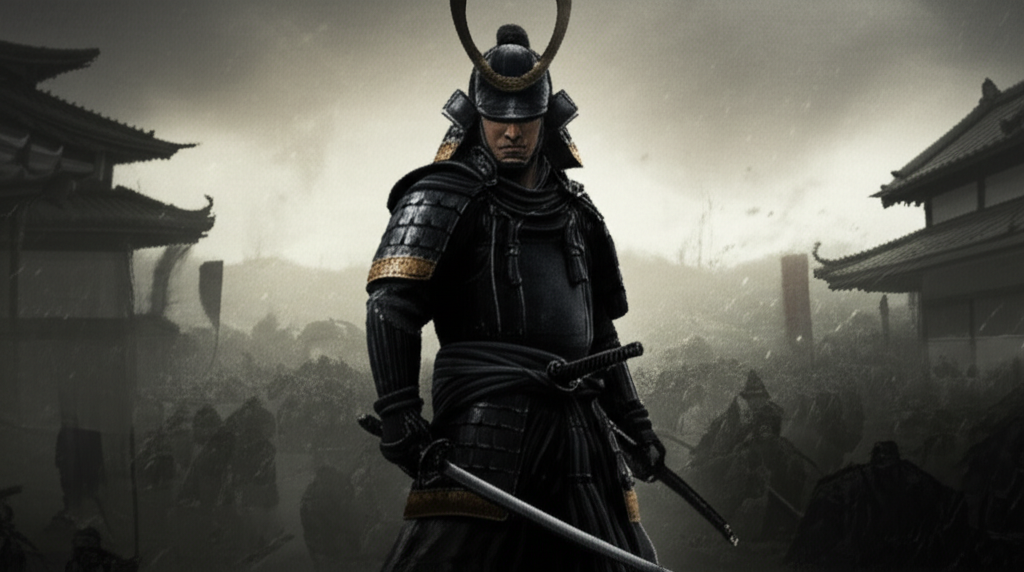 A hyperrealistic cinematic portrait of a formidable Sengoku-era samurai in dark armor, featuring a katana and tachi, against a dramatic backdrop blending battlefield and traditional dwelling