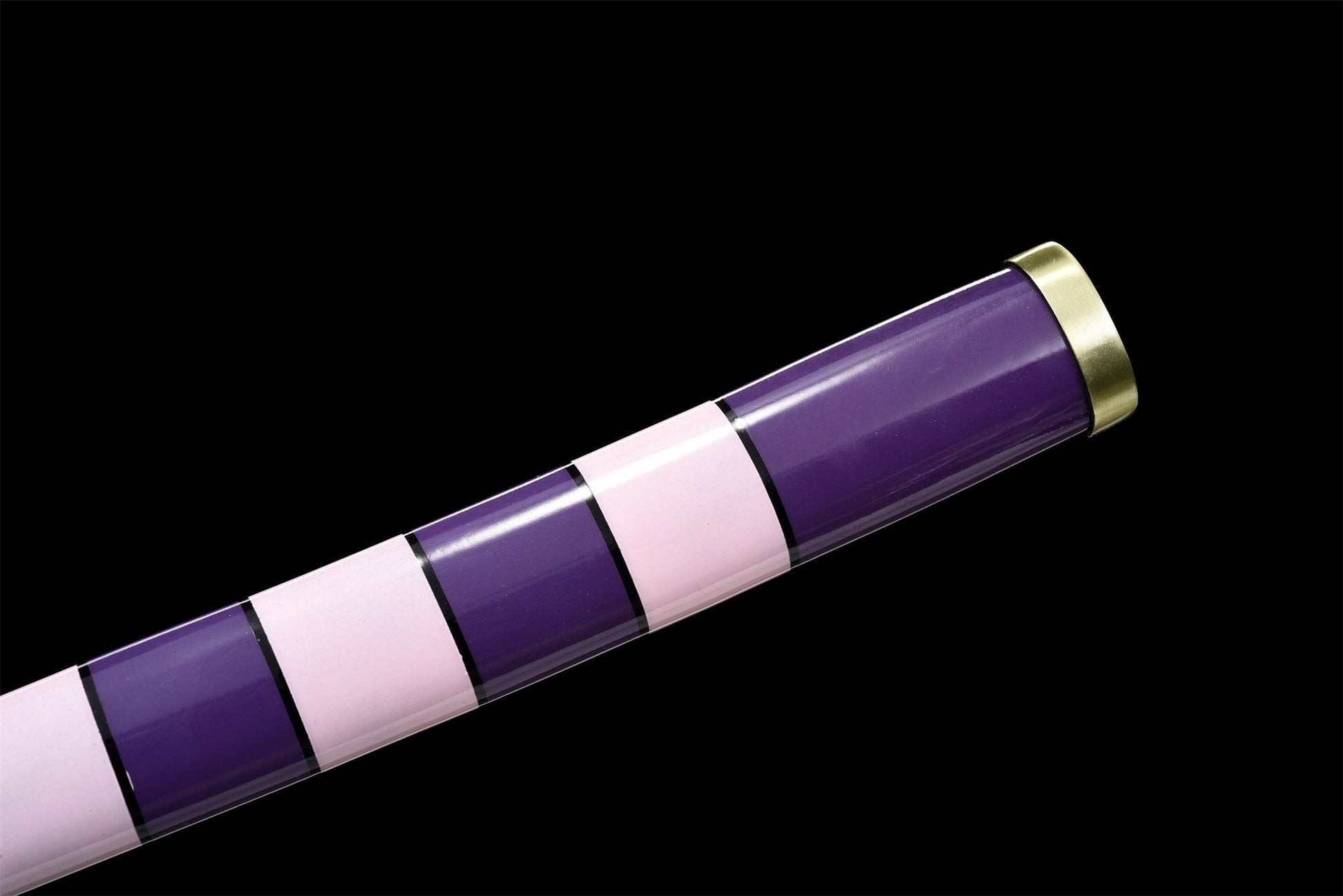 Tsuka end view – purple handle wrapping with synthetic rayskin and gold menuki