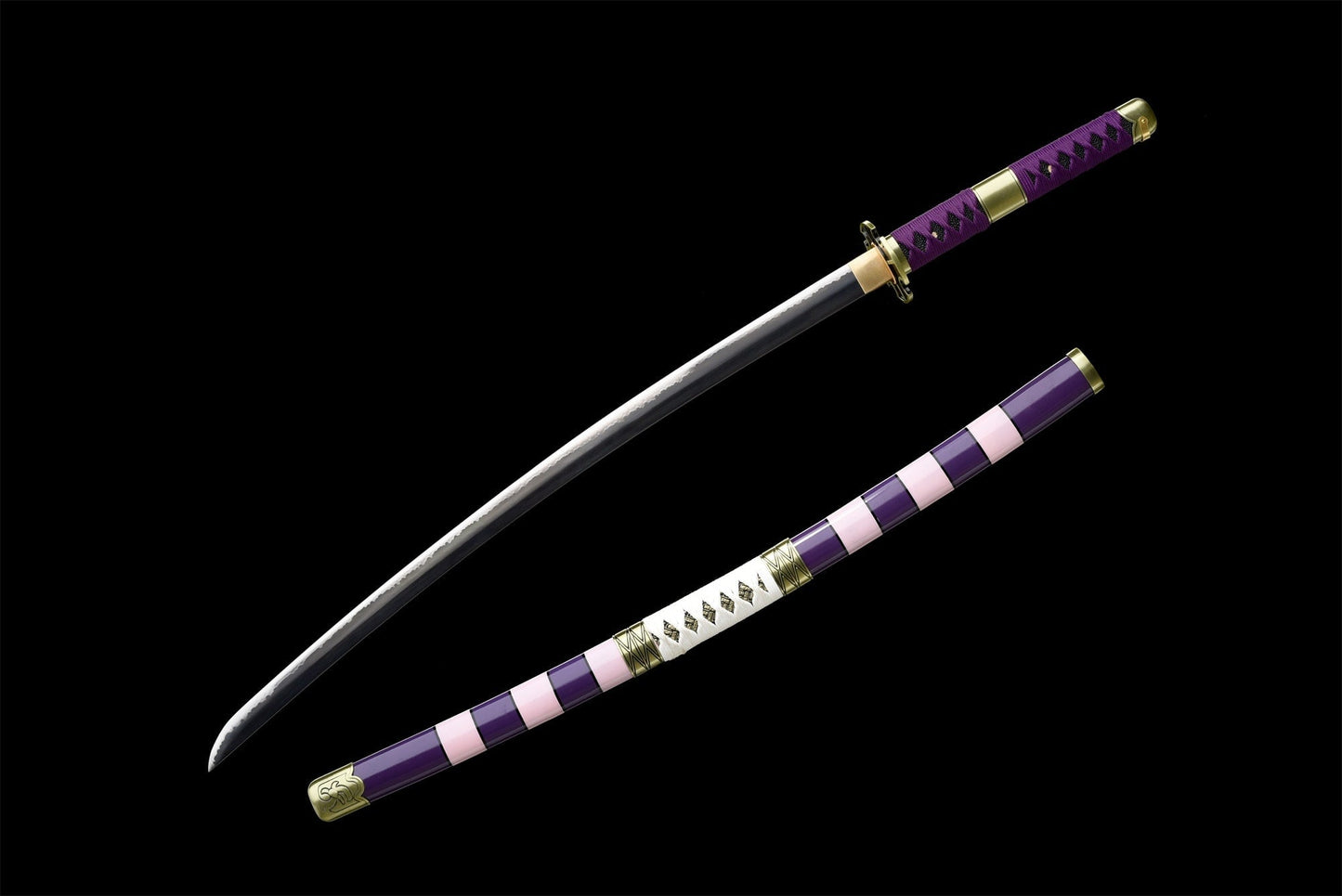 Top-down full view of unsheathed Nidai Kitetsu katana – carbon steel blade and purple tsuka