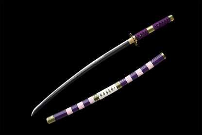 Top-down full view of unsheathed Nidai Kitetsu katana – carbon steel blade and purple tsuka