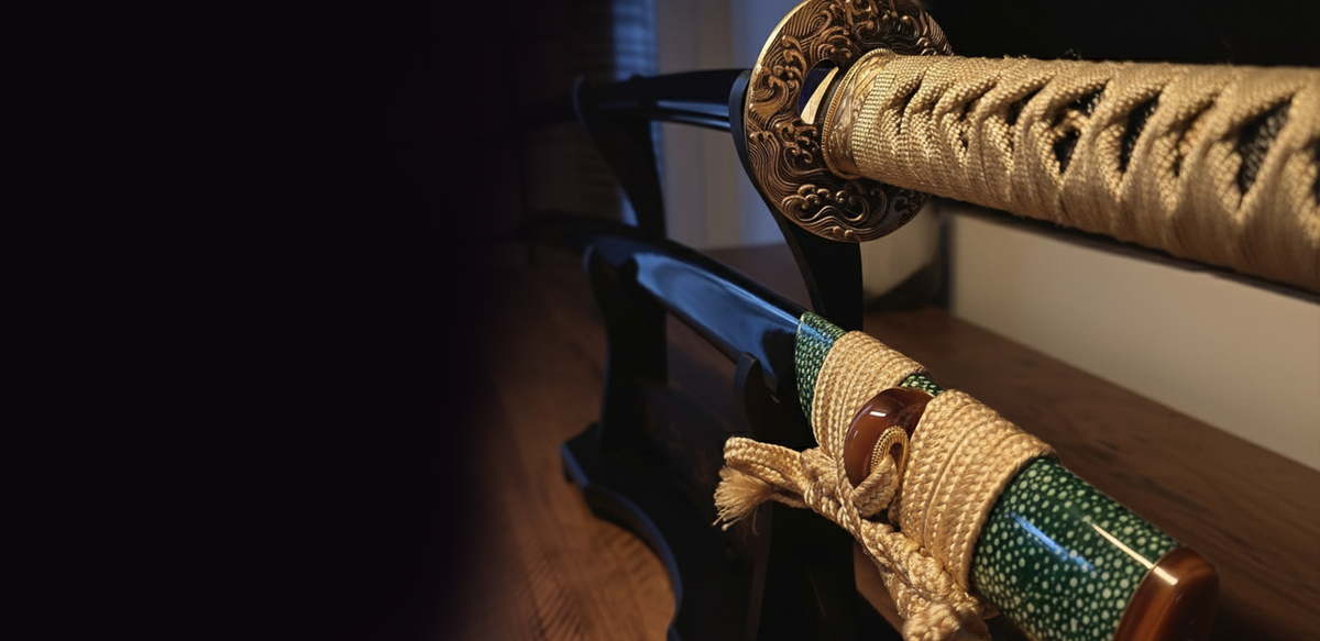 Hand-forged katana and wakizashi on a display stand - build your own custom katana